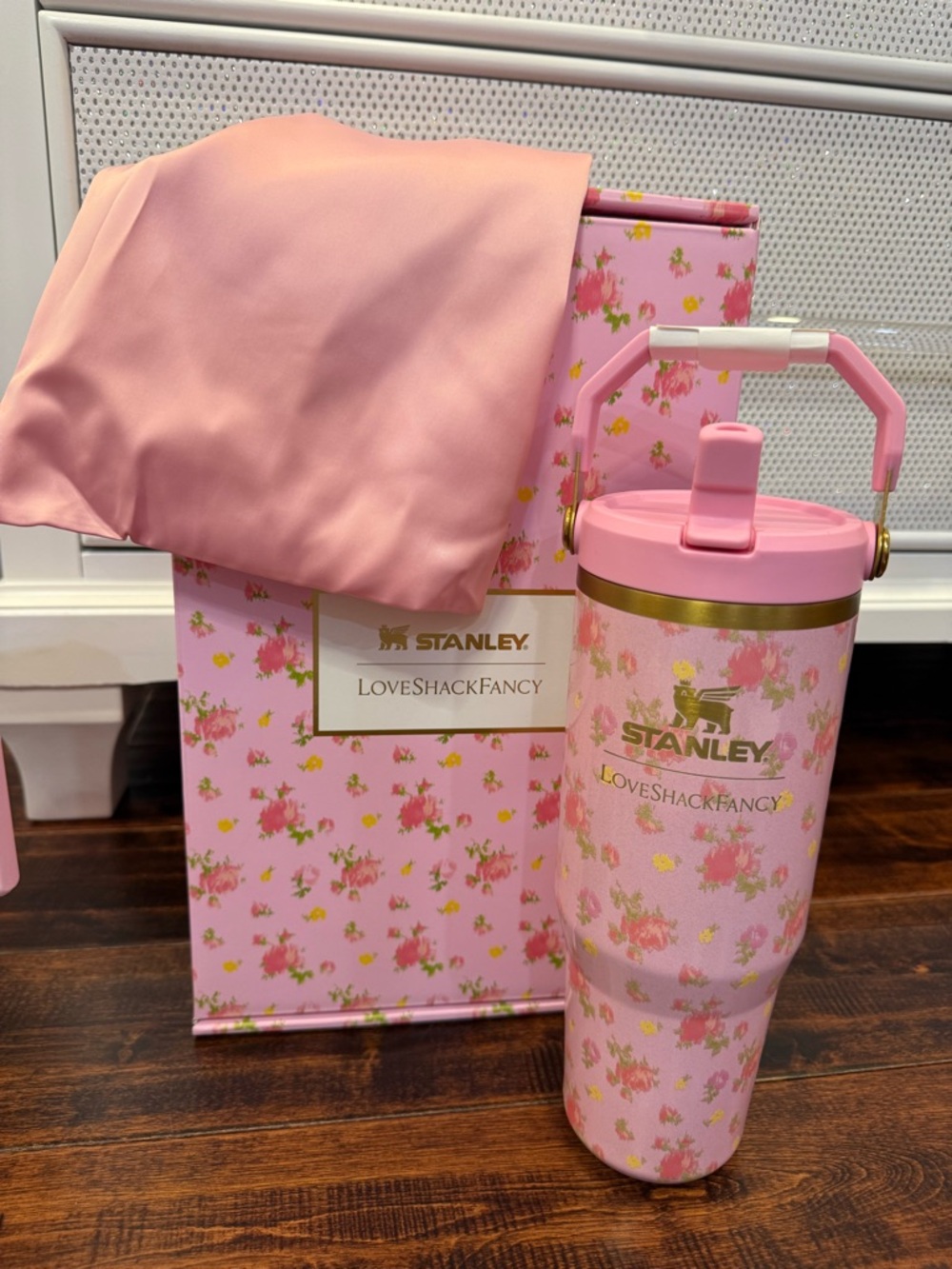 LoveShackFancy x Stanley Pink Floral Tumbler and Packaging